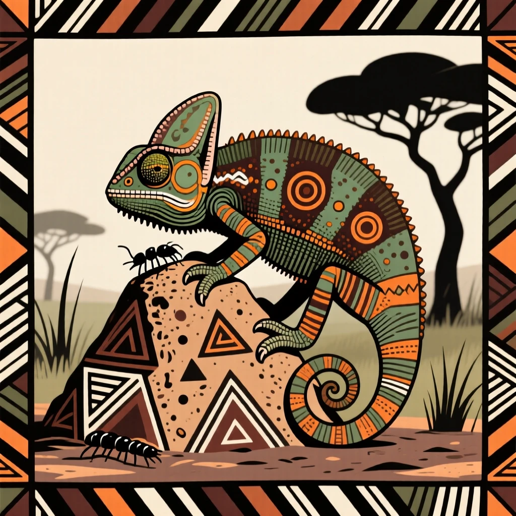 A chameleon grooming beside a termite mound.