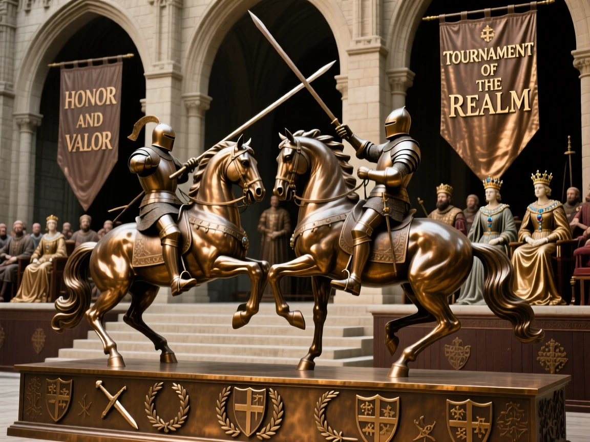 A great tournament of knights before a royal audience, framed by sweeping, monumental scale, evoking legend and timeless drama
