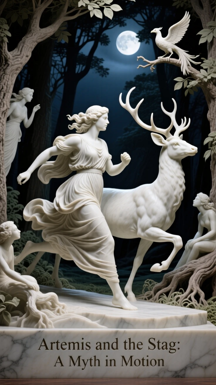 An epic scene of Artemis running alongside a stag through moonlit woods, with mythical creatures gathered nearby, evoking myth and grandeur