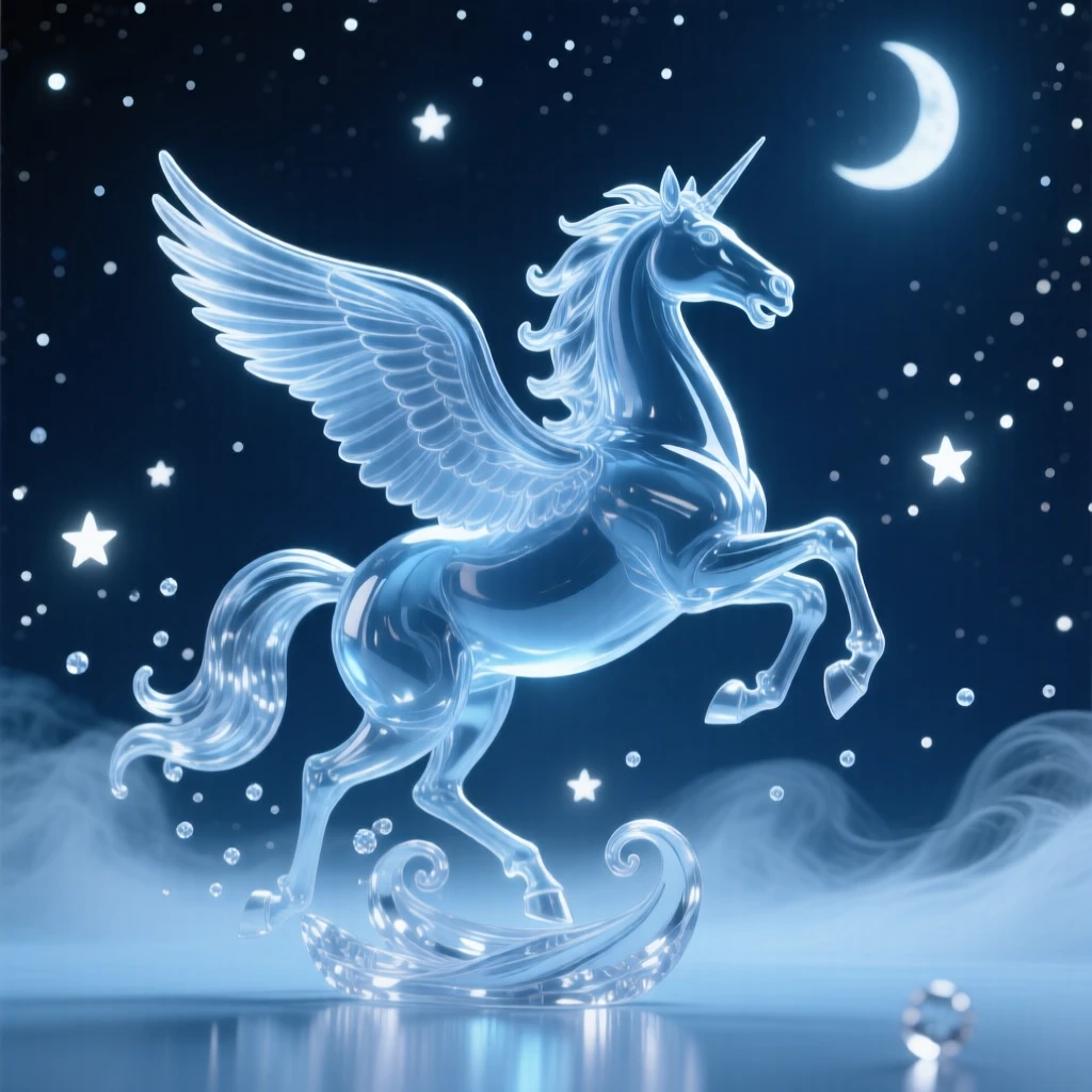 A pegasus galloping through a starlit sky surrounded by softly glowing particles and gentle mist, wide cinematic composition, radiating magic and serenity.