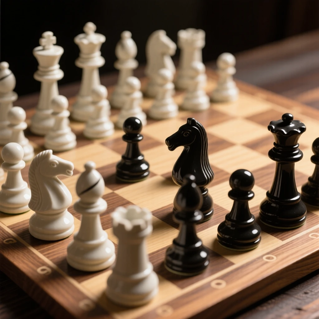 A chess set mid-game with pieces poised illuminated by a single warm light source, bathed in a nostalgic golden glow, capturing beauty in the overlooked and ordinary.