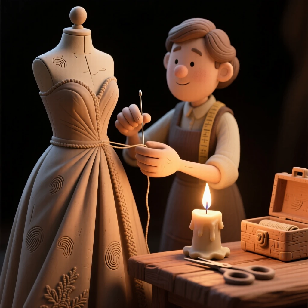 A tailor carefully stitching an elegant gown by candlelight