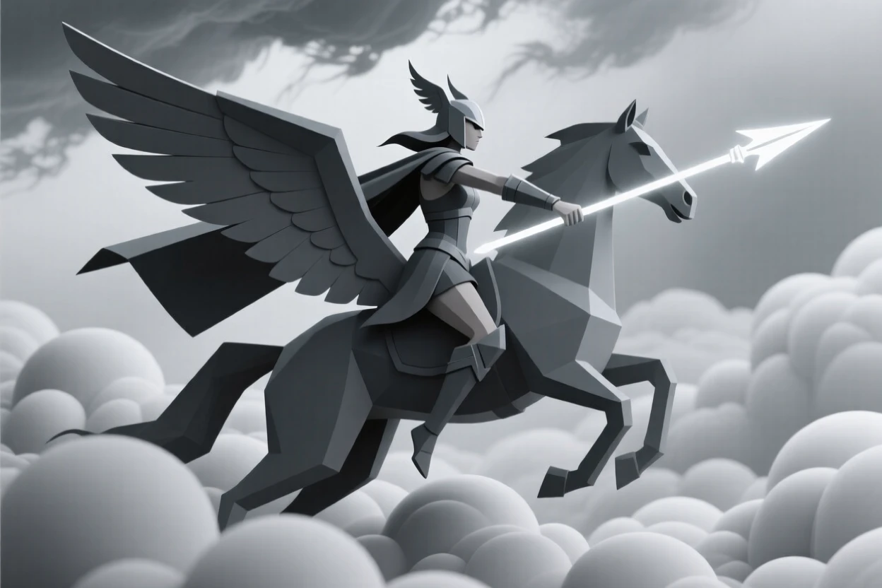 A fierce Valkyrie warrior descends from stormy clouds on a winged horse, spear glowing with silver light.