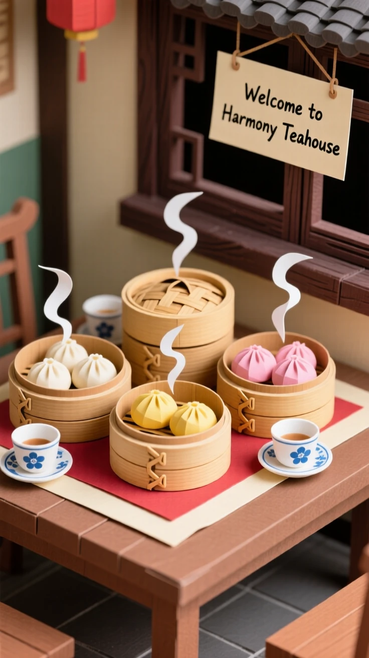 A colorful dim sum spread of bamboo steamer baskets filled with dumplings and buns, steam rising above a bustling teahouse table, evoking communal comfort.