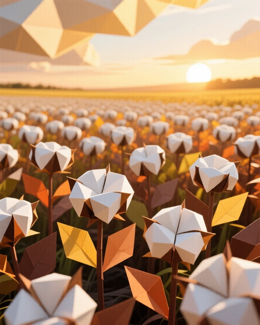A field of cotton plants glowing white under a warm autumn sun.