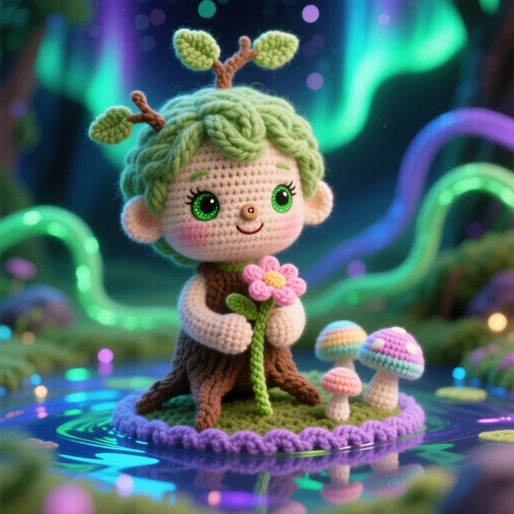 A charming portrait of a small baby dryad sapling, with tiny leaves sprouting from her hair, watering a budding flower with cupped hands beside a cluster of luminous mushrooms in a shimmering pond reflecting the northern lights, conveying a cozy, storybook enchantment.