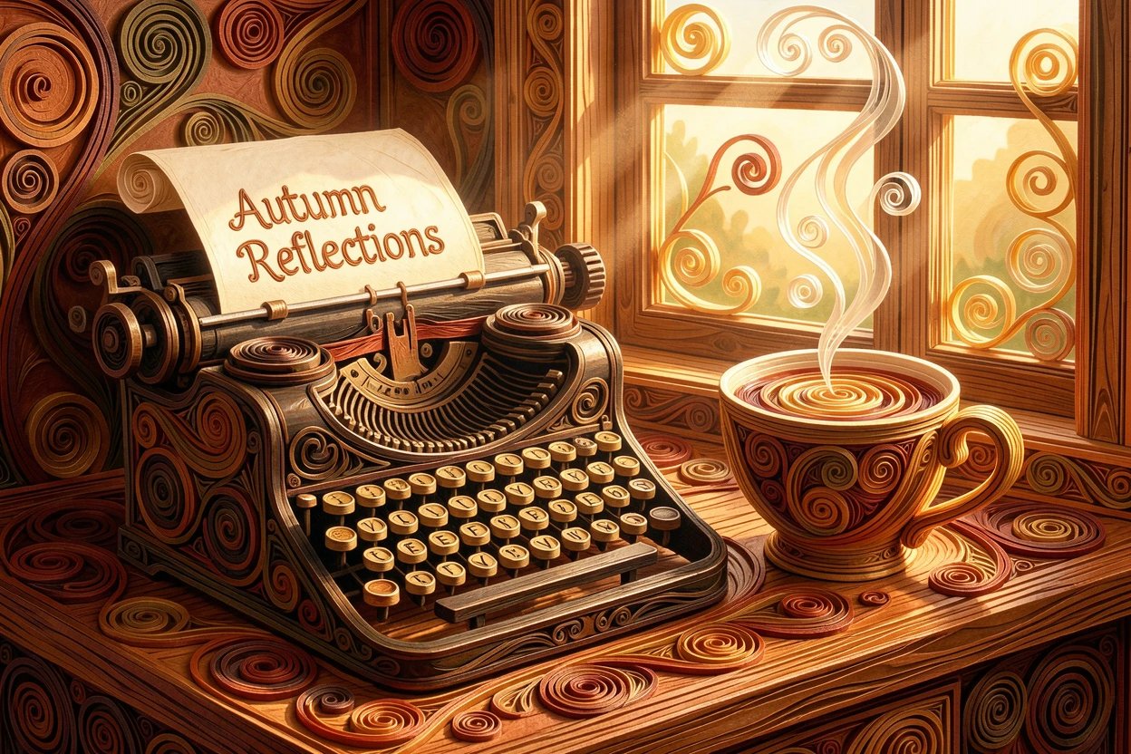 A cozy still life of a vintage typewriter beside a cup of tea beside a sunlit kitchen window, in cozy autumnal tones of rust and brown, shown from a cozy eye-level perspective.