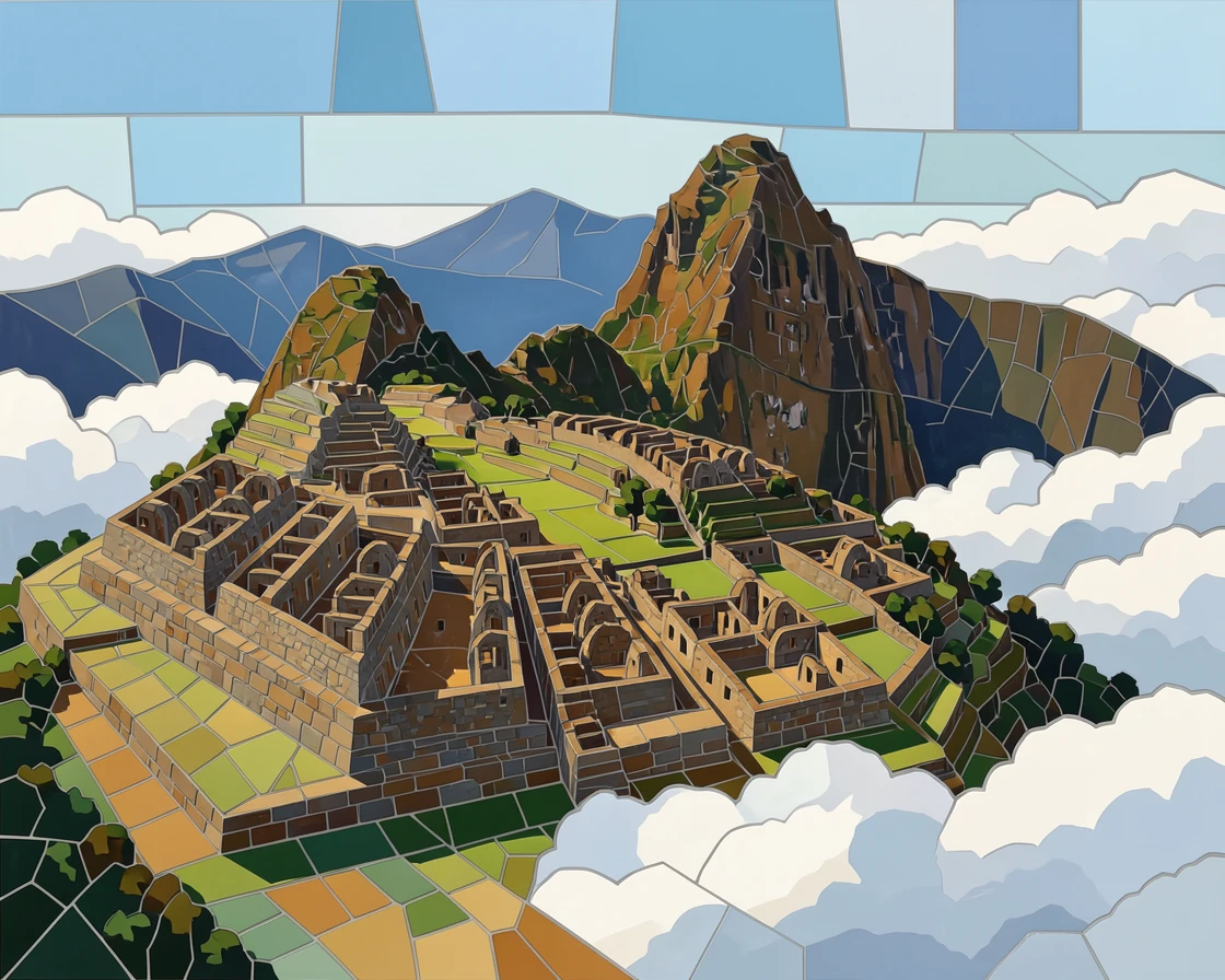 The ruins of machu picchu high above the andean clouds, viewed from a dramatic elevated vantage point.