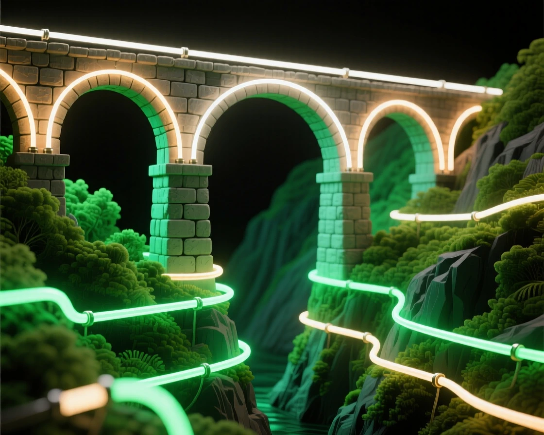 A stone aqueduct bridge spanning a lush green gorge.