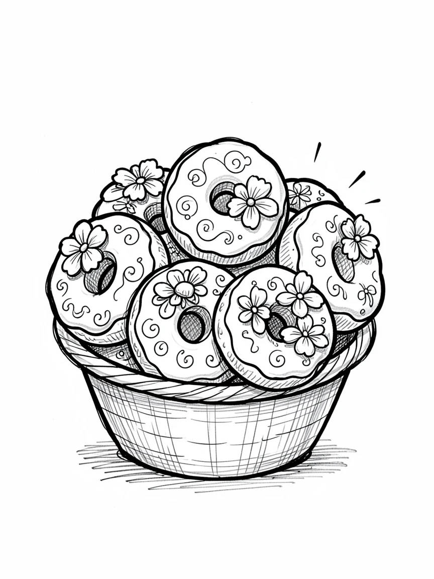 A basket of fresh donuts decorated with edible flowers.