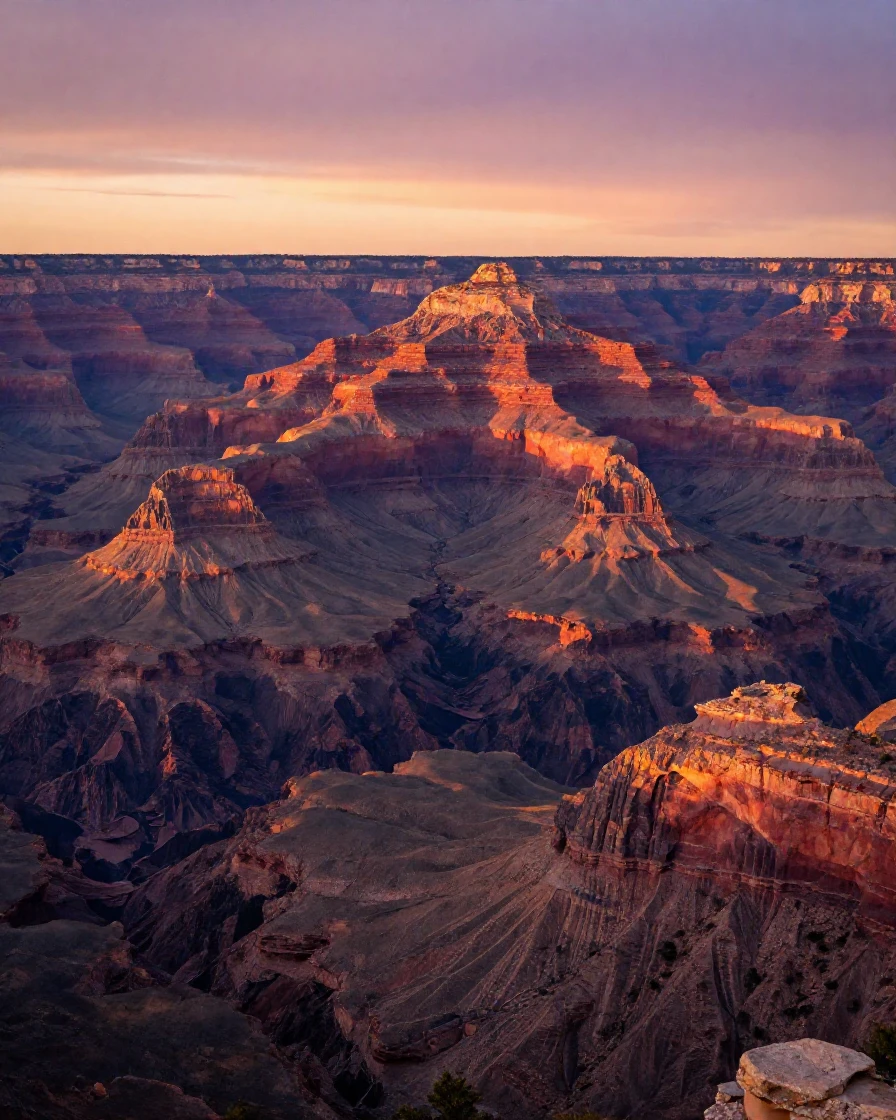 A canyon glowing red at sunset with layered rock formations