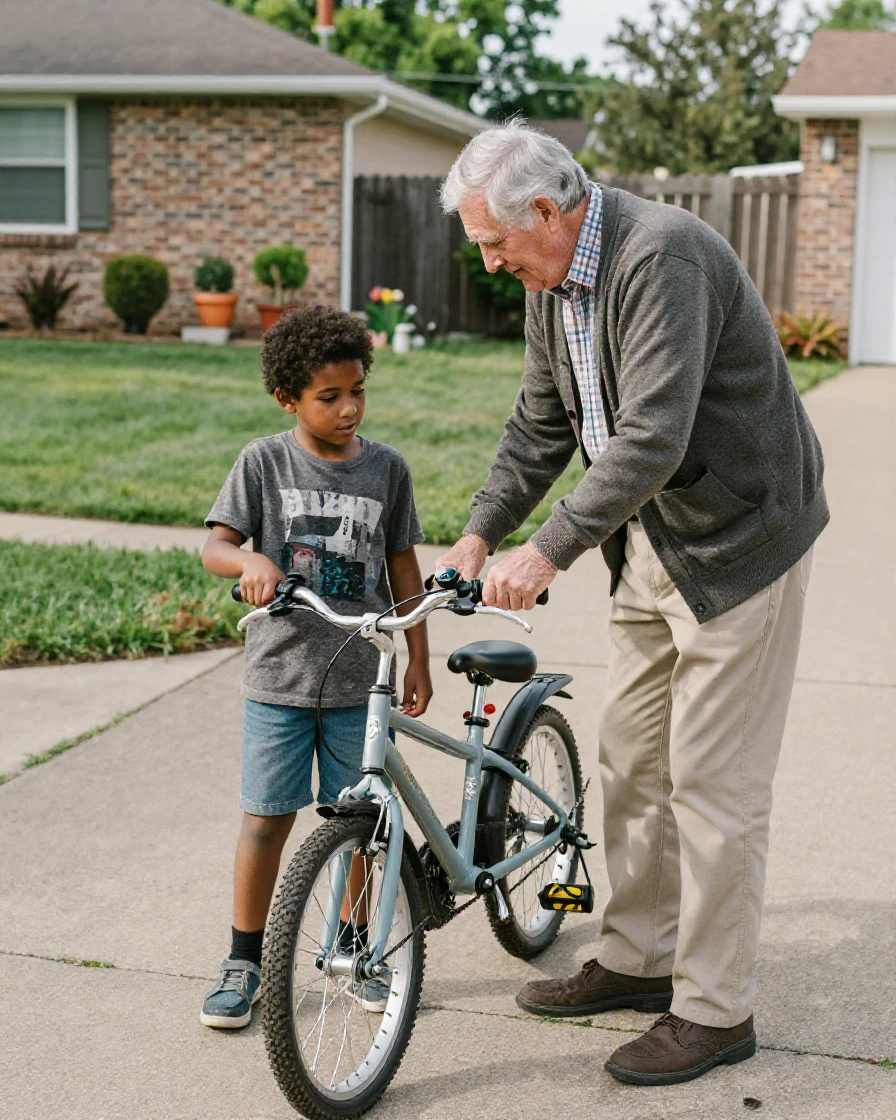 An elderly man teaches a young neighbor to fix a bicycle chain in his driveway.