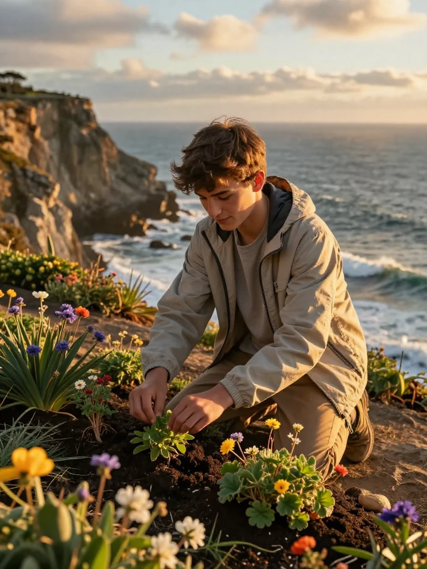 A teenage traveler tending carefully to a small garden on a windswept coastal cliff, a gentle smile crossing their face