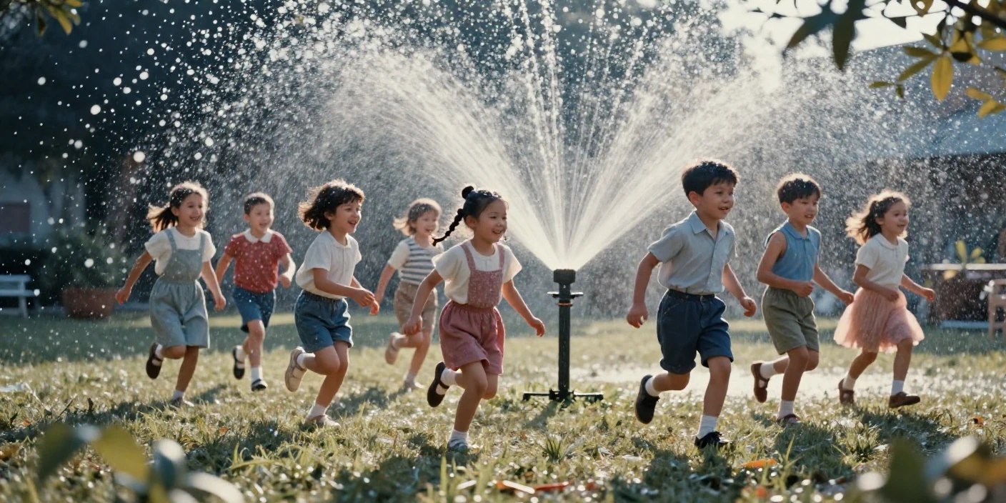 Children running through a sprinkler on a sunlit lawn, in warm morning light, amid gently falling snow, in summer, in cool blues and silvery greys, peering through foliage in the foreground.