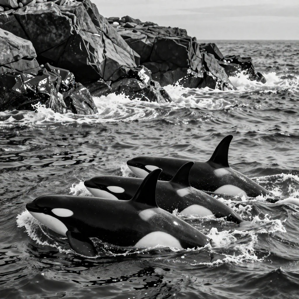 A pod of orcas hunts together in a coordinated formation along a rocky coastal shelf.