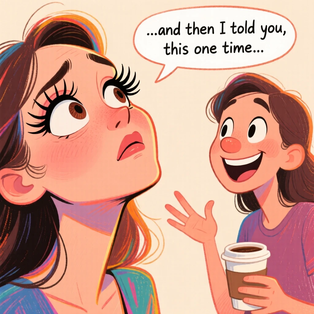 A woman doing an exaggerated eye-roll while her friend tells the same story again.
