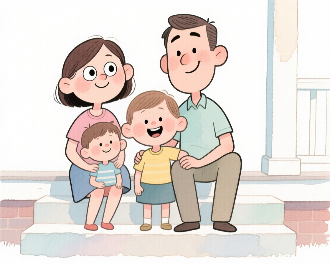 A family of four gathered for a family portrait on the porch steps