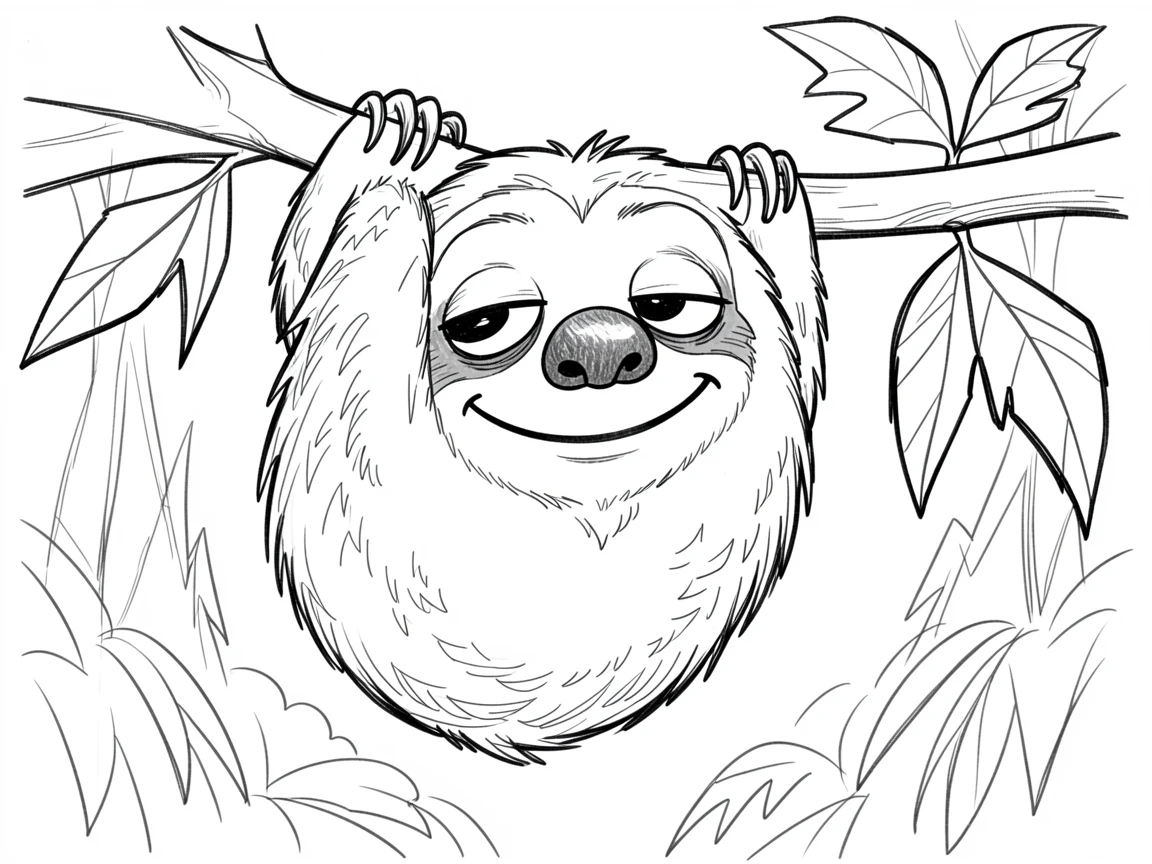 [Cute Animals & Pets] Adorable scene of a sleepy sloth hanging lazily from a jungle branch, bursting with charm and playful energy