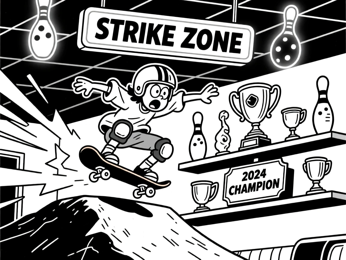 A skateboarder frozen mid-air after a botched trick, gasping for breath at the top of the hill, set at a retro bowling alley with neon lights. A trophy shelf gleams in the background. The moment captures determination with a comic twist.