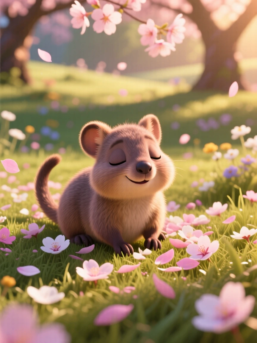 A baby quokka is playing among fallen cherry blossom petals, wagging its tail happily. A gentle, sleepy calm fills the moment, with a faint smile-like expression.