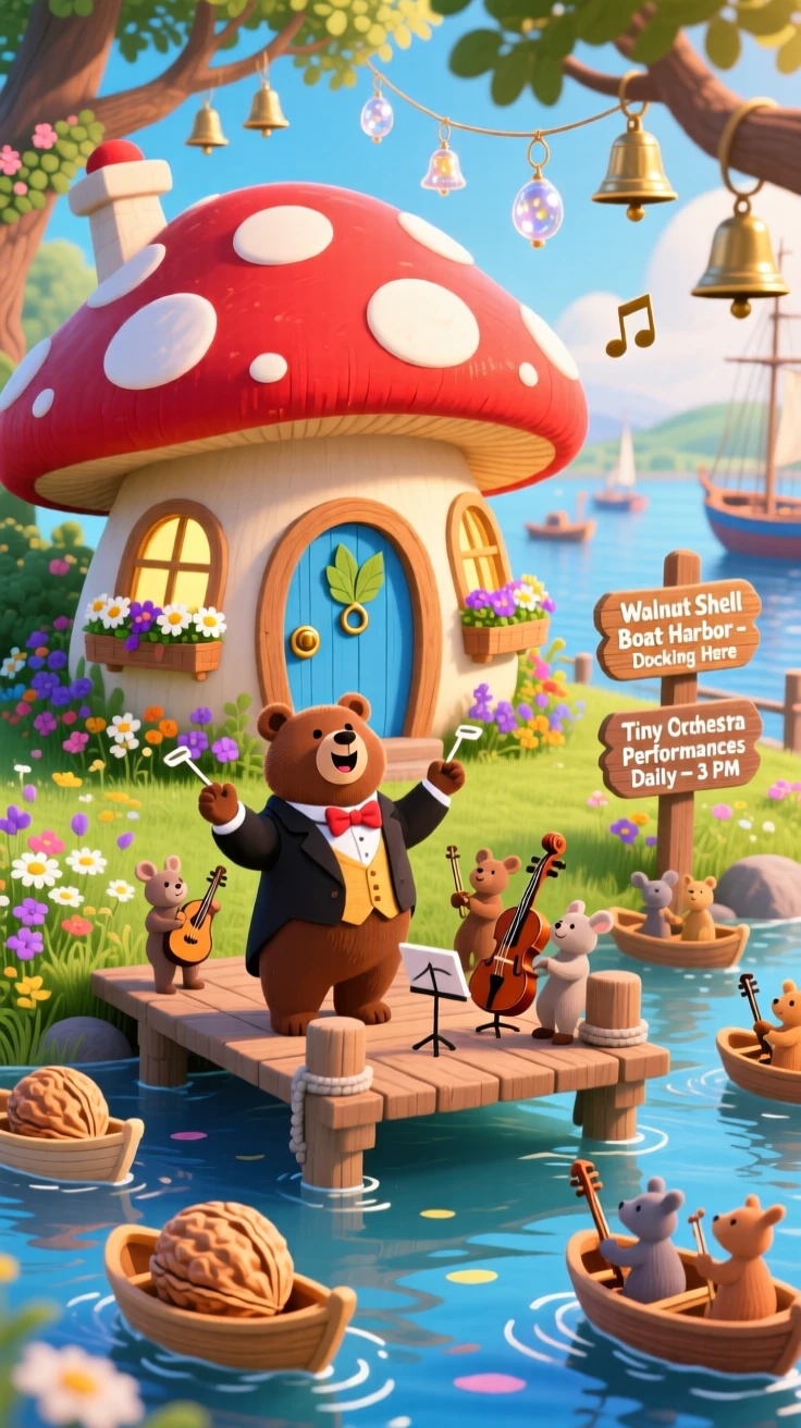 In a bustling harbor for walnut-shell boats, a bear conducting a tiny orchestra spends the day living in a house built inside a giant mushroom, while soft chimes ring from unseen bells.