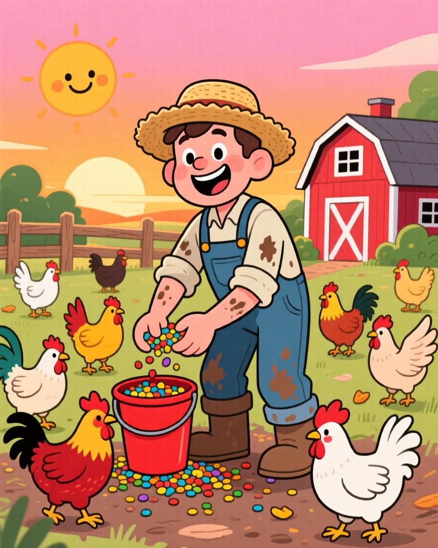 A farmer feeding chickens at sunrise on a small farm.