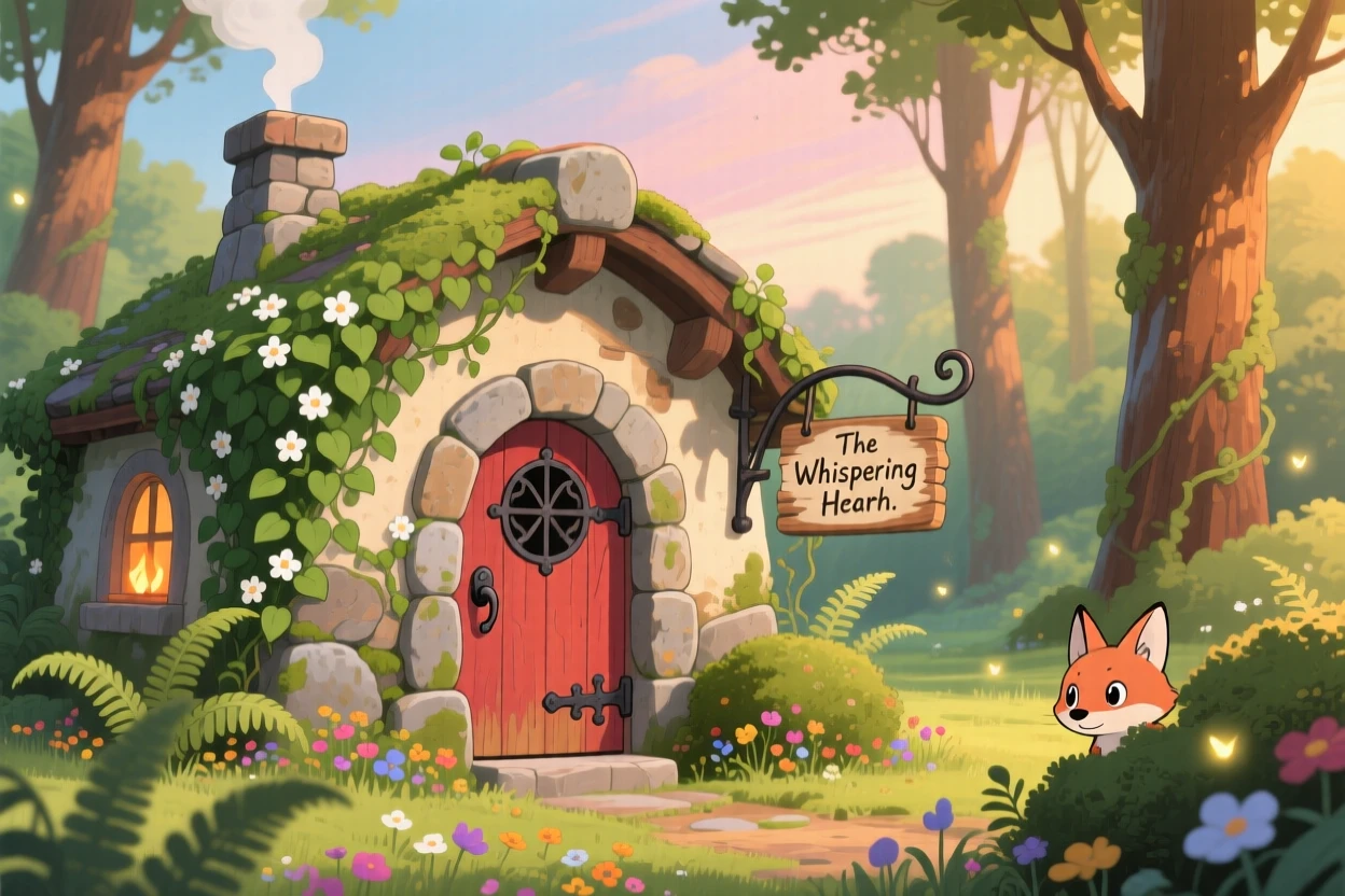 A charming view of a cozy stone cottage with a round wooden door and ivy-covered walls, with smoke curling gently from its chimney.