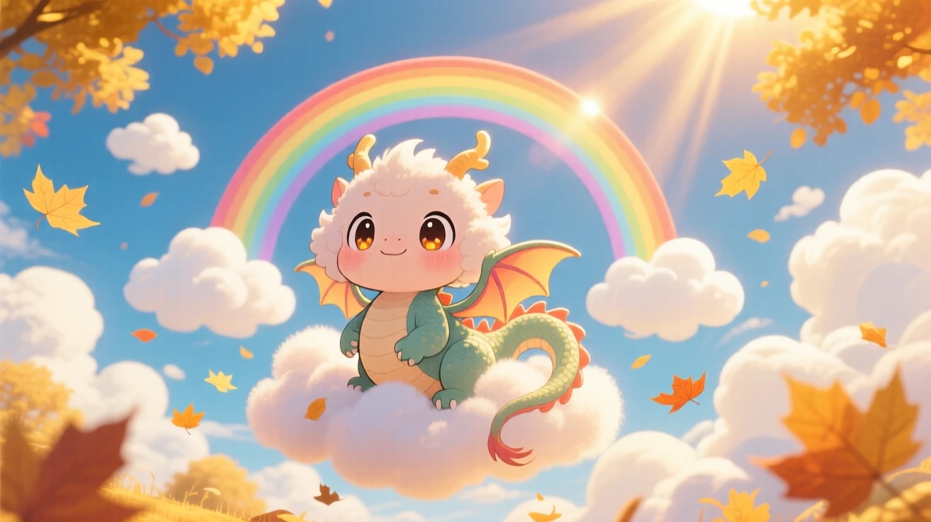A baby cloud dragon coiling playfully around a rainbow, framed as a full-body shot within a sky full of drifting clouds, during golden autumn harvest season, glowing under rays of sunrise breaking through clouds, evoking eager anticipation.
