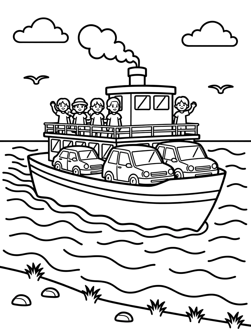 A ferry boat carrying cars and passengers across a bay