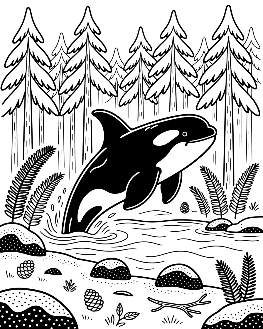 An orca emerging from a snowy pine forest, surrounded by tall ferns and moss-covered stones.