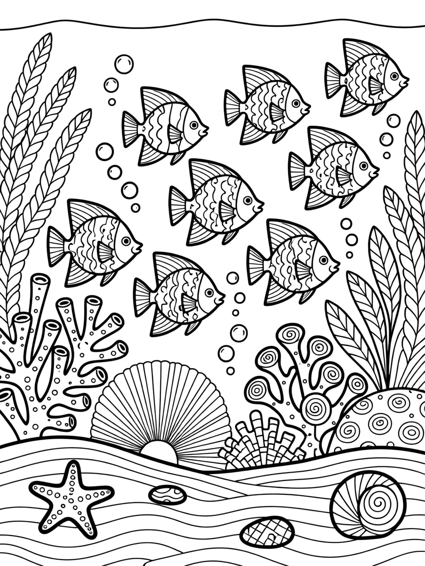A school of angelfish weaving through a sunlit reef.