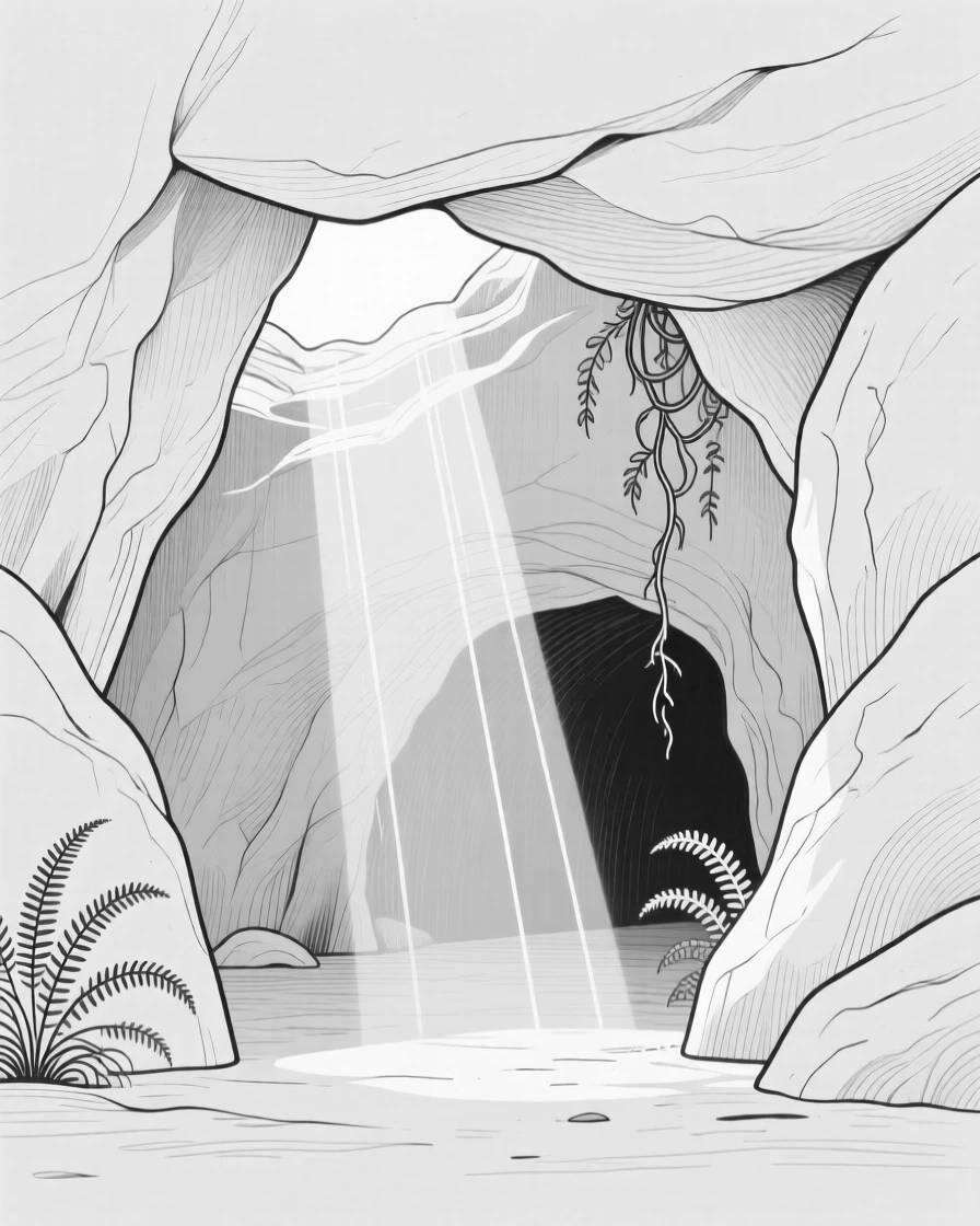 A hidden grotto with sunlight streaming through an opening