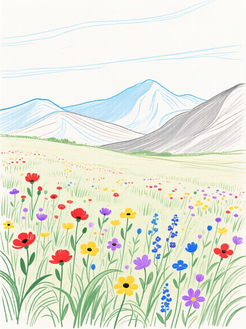 A meadow full of wildflowers beneath distant mountains.