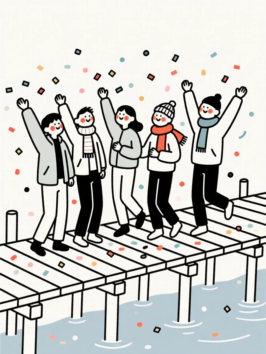A group of friends throwing confetti at a New Year's party, on a wooden fishing pier.