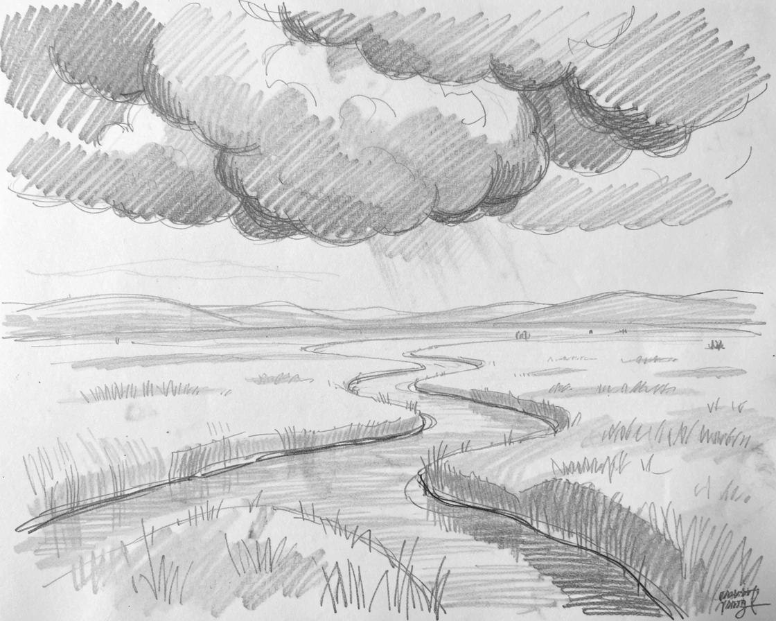 A meadow blanketed in morning fog, beneath dramatic storm clouds, with a winding river cutting through the scene.