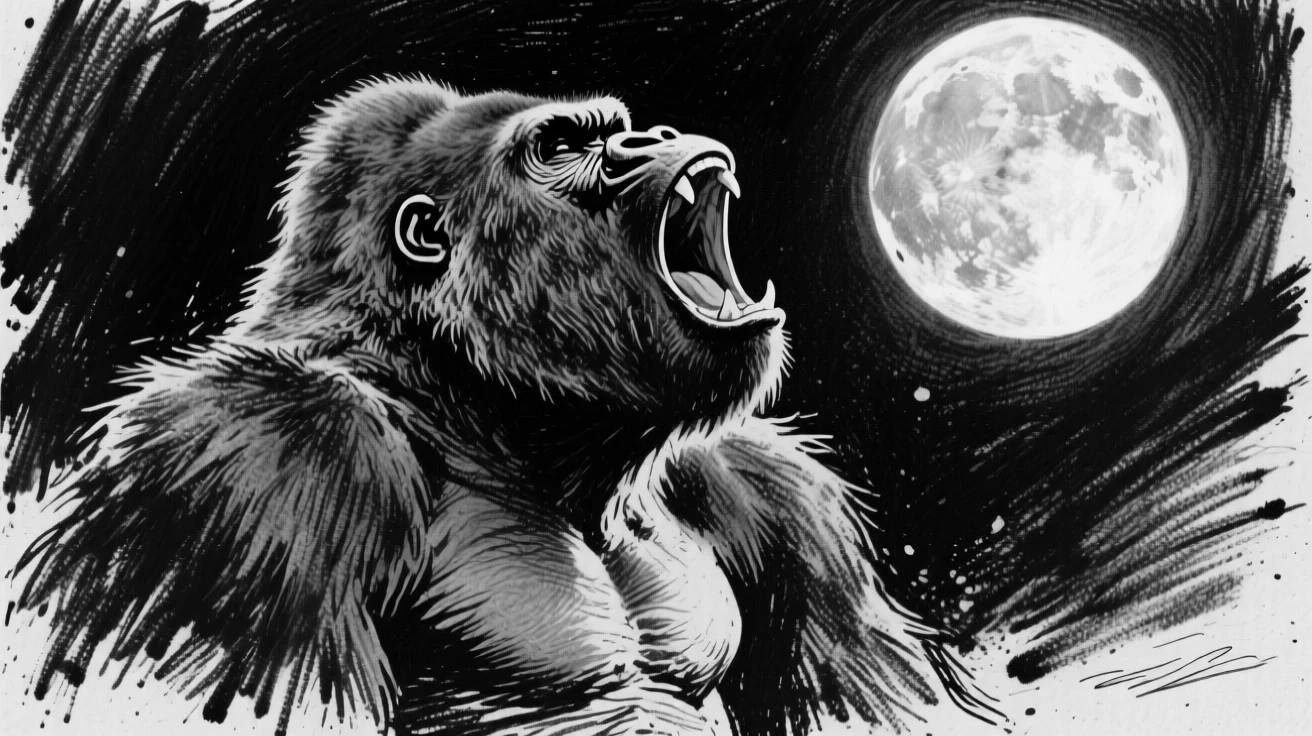 A gorilla howling at a full moon.