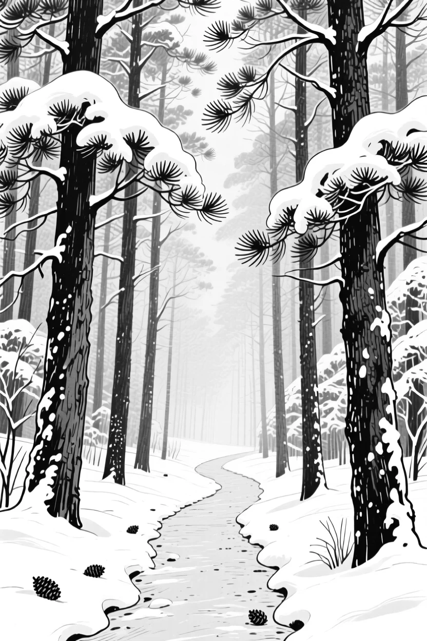 A quiet forest path winding through tall pine trees dusted with fresh snow.