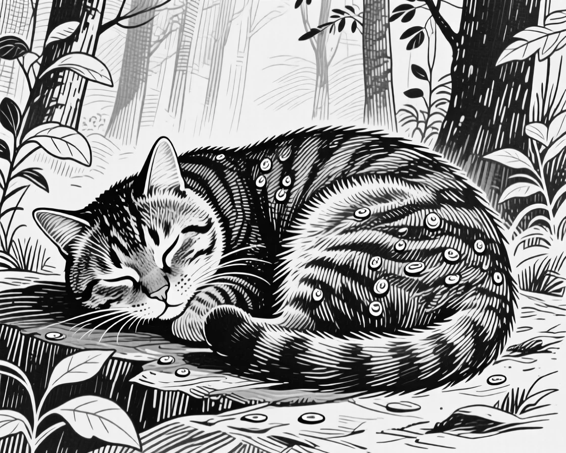 A curled-up cat at the edge of a quiet forest, with droplets of water clinging to its coat, capturing a serene and majestic moment in nature with a strong, centered focal point.