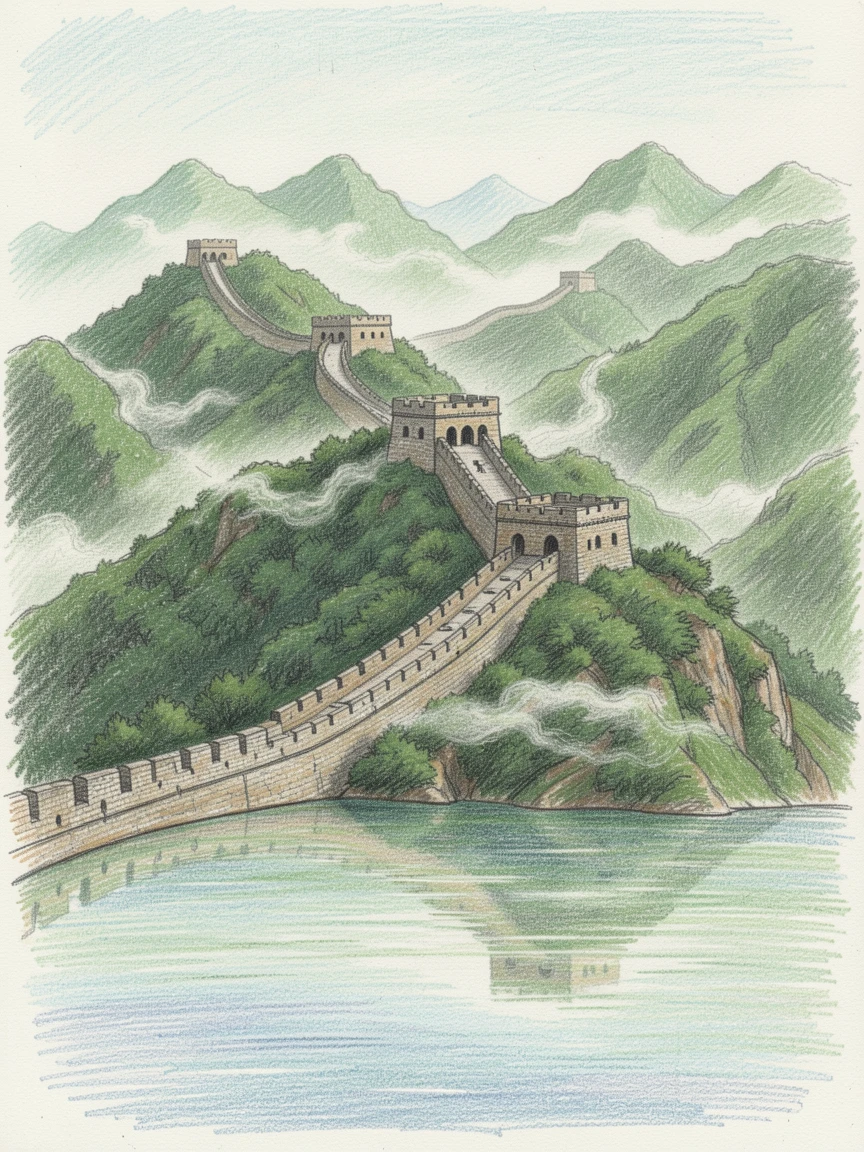 The Great Wall of China stretching across misty green mountains, with reflections shimmering on calm water nearby, designed to inspire dreams of travel and adventure.