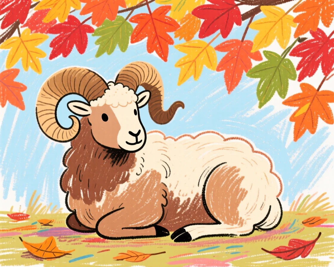 A bighorn sheep resting quietly beneath a canopy of autumn leaves.