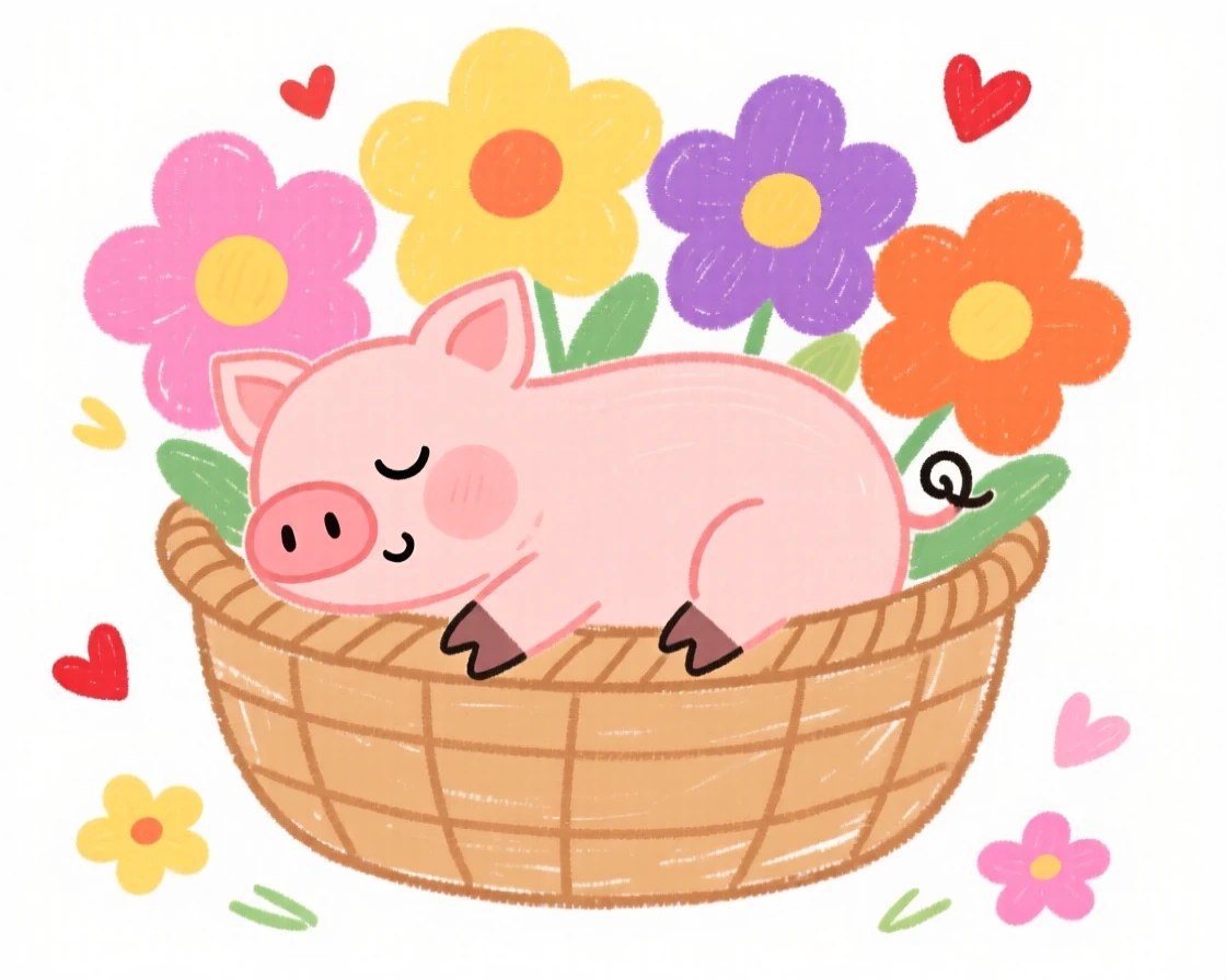 A piglet napping in a basket of soft flowers.