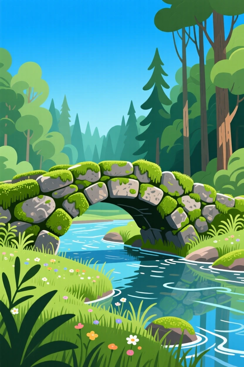 A mossy stone bridge crossing a quiet forest stream, beneath a vivid blue midday sky, arranged with a clear foreground, midground, and background, with a fresh, crisp clarity that highlights every detail.