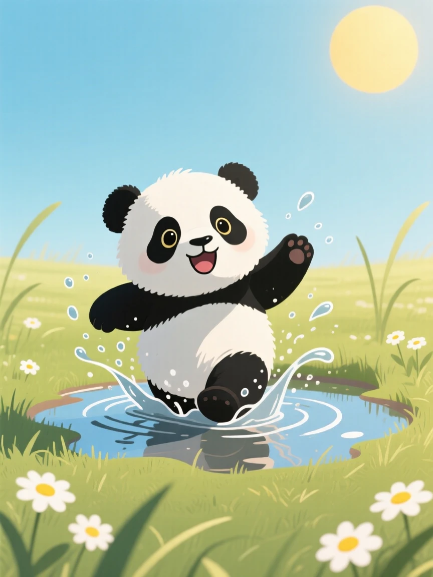 A playful panda cub splashing in a puddle in a sunny meadow.