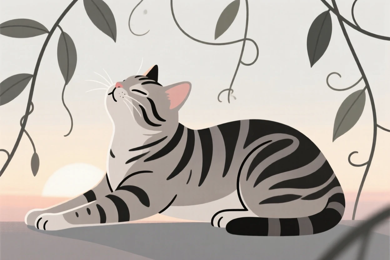 A close-up view of a tabby cat waking slowly at dawn, surrounded by hanging vines, full of playful energy.