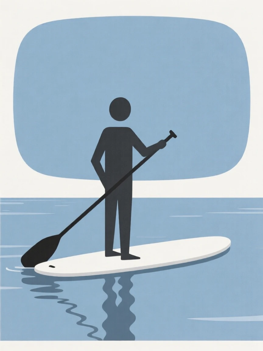 A person paddleboarding on a calm lake