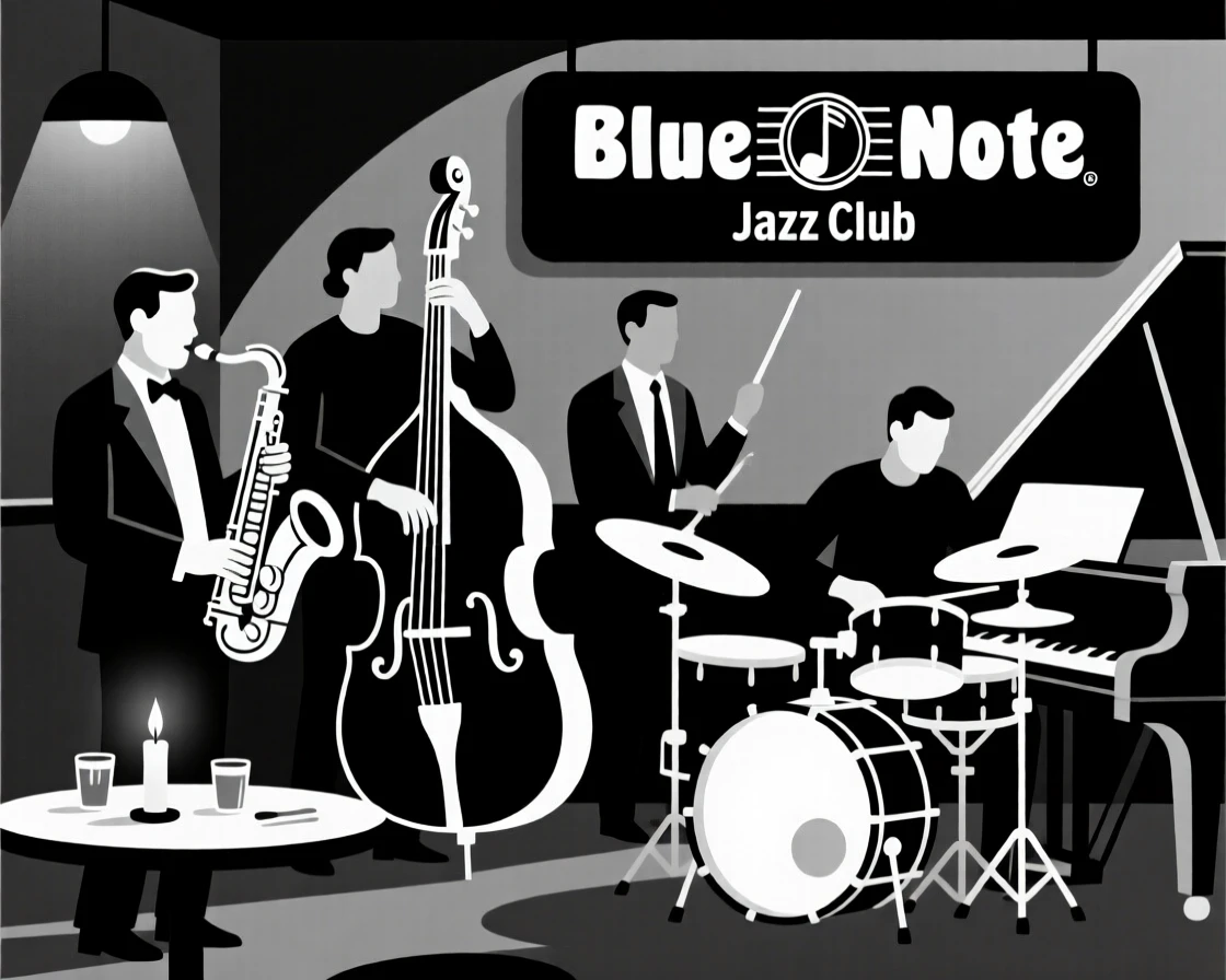 A jazz quartet performing in a dimly lit club.