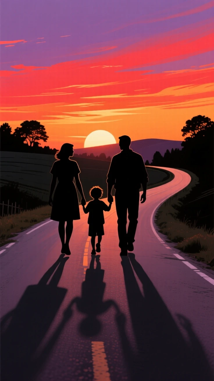 A family walking together down a country road at sunset, long shadows trailing behind them.