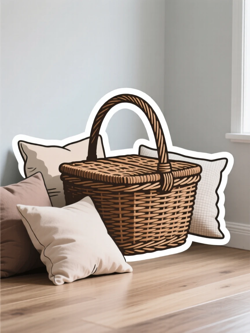 A homely wicker picnic basket, nestled among soft throw pillows, in a minimalist Scandinavian-style room.