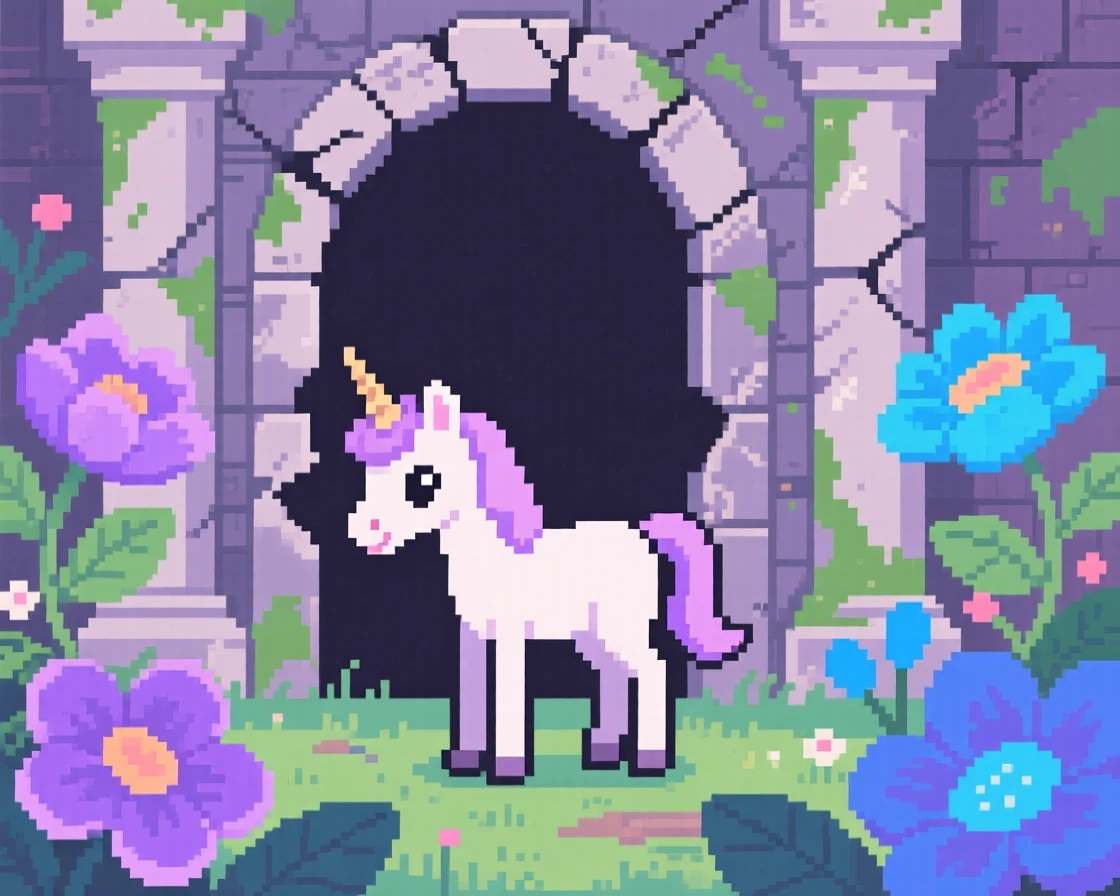 A shy unicorn foal guarding the entrance to an ancient ruin, within a garden of oversized enchanted flowers.