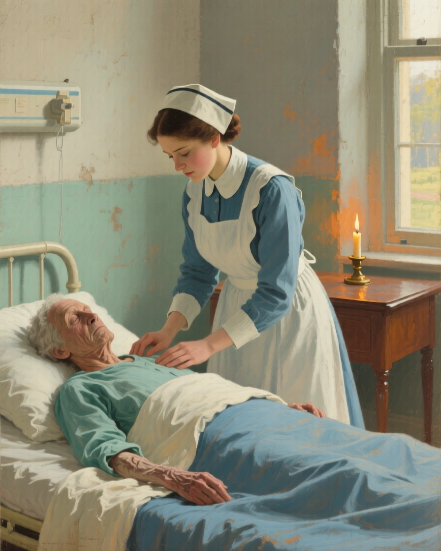 A detailed close shot of a nurse tending to a patient in a quiet candlelit ward, at midday, in the mid-20th century.